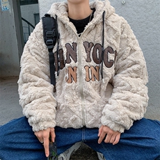 美式复古刺绣羊羔毛绒棉服男冬季情侣连帽棉衣WY018-P58，男装棉衣，星座308B-1