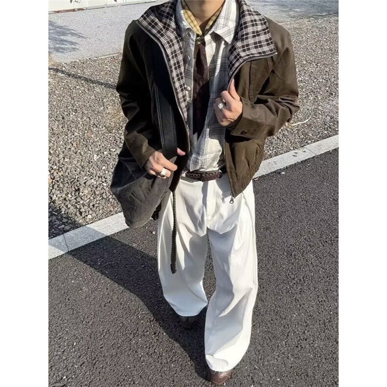 假两件复古翻领夹克男春秋高级感美式潮牌痞帅外套休闲宽松棒球服,男装夹克,四季星座505