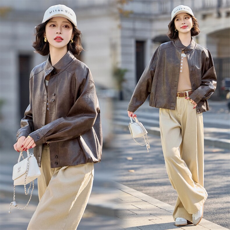 大量现货2025春季女装新款时尚港风宽松休闲皮衣外套图片