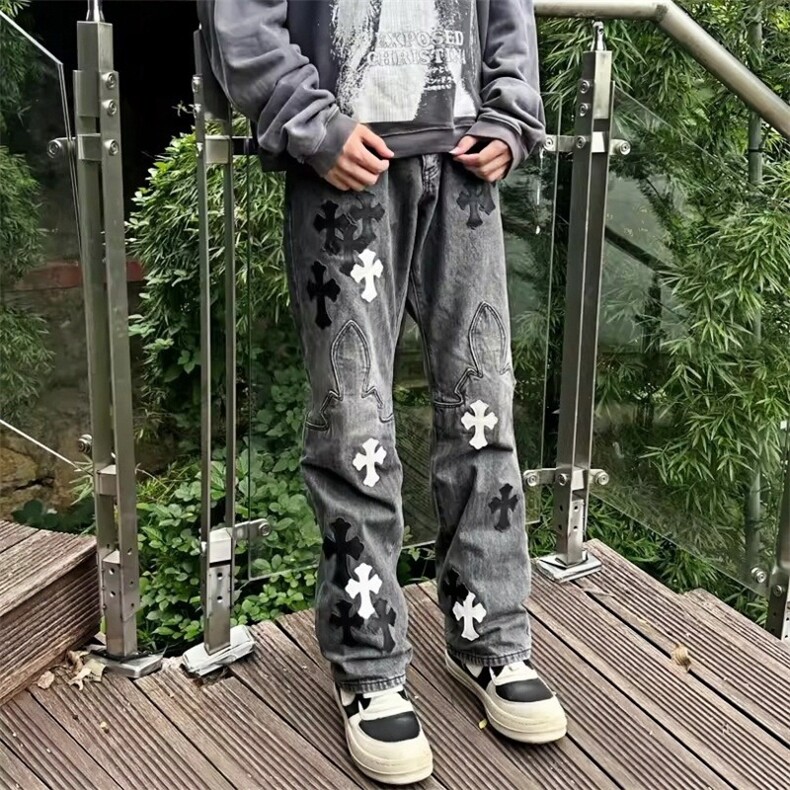 限定黑灰色火焰黑白十字架拼皮情侣款洗水牛仔长裤,男装休闲裤,星座813-2