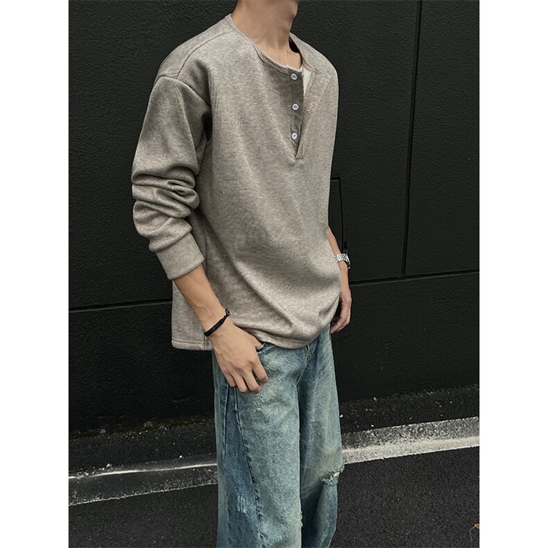 DD1013-P48加绒P58糯米面料假两件亨利领长袖T恤男内搭打底衫,男装针织衫/毛衣,电商A059