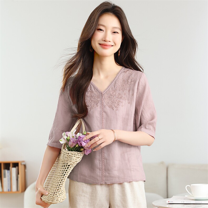 棉麻休闲女夏装2025夏季新款妈妈洋气高端时尚苎麻裤子,女装衬衫,独衣靓