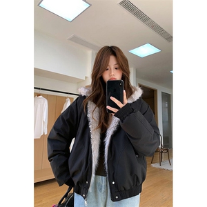 现货高品质美式高街冬季重磅硬挺短款座山雕毛领棉衣男女加厚外套图片