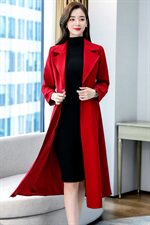 红色中长款双面羊绒大衣女秋冬显瘦本命年洋气西装领风衣毛呢外套，女装风衣，凝聚力