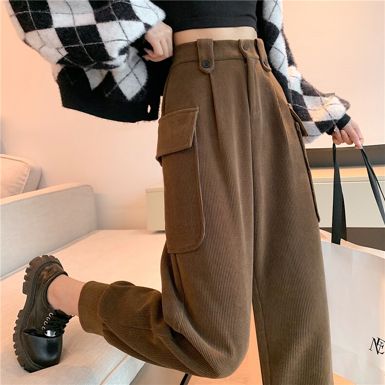 工装裤女2023秋冬新款美式潮款灯芯绒高腰小个子欧棉绒休闲运动裤图片