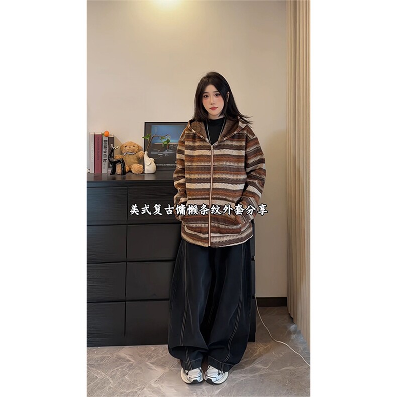 冬季加绒条纹卫衣针织开衫美式复古休闲撞色款5D1193-TP65118,男装卫衣,电商A102