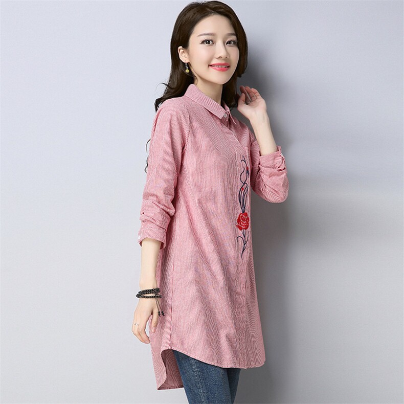 时尚条子绣花衬衫排多扣2024年秋款中长款长袖气质个性青春流行,女装衬衫,风姿绰