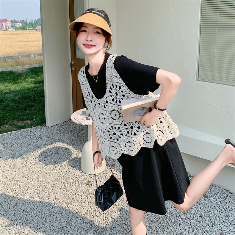2025新款夏季复古蕾丝马甲黑色T恤连衣裙时尚宽松减龄百搭,女装连衣裙,2C262