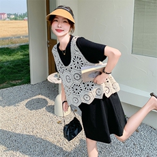 2025新款夏季复古蕾丝马甲黑色T恤连衣裙时尚宽松减龄百搭，女装连衣裙，2C262