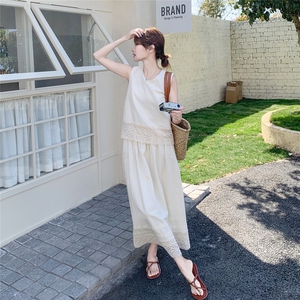 米杏色蕾丝拼接马甲套装裙女夏季2025年新款高腰半身裙气质两件套图片