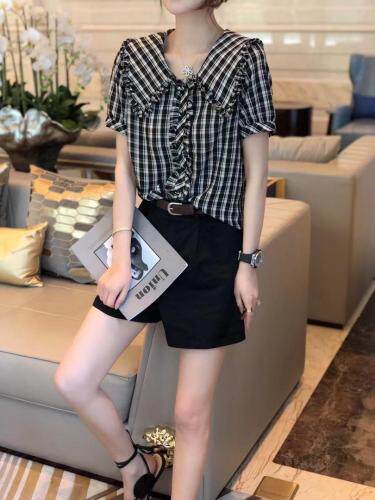 夏季娃娃领黑白格衬衫，女装衬衫，斐媞梦 FTM