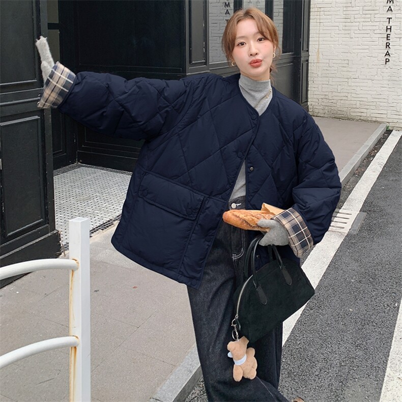 韩版时尚拼格纹轻薄款羽绒服女2025年冬季新款显瘦加厚白鸭绒外套,女装羽绒服,浙宝305