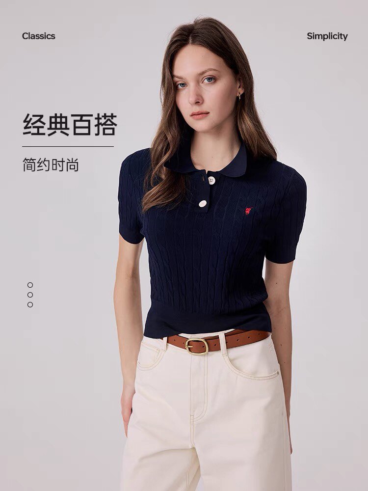 POLOWALK绞花短袖针织衫女士短款显瘦修身气质翻领毛衣女图片