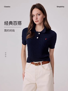 POLOWALK绞花短袖针织衫女士短款显瘦修身气质翻领毛衣女图片