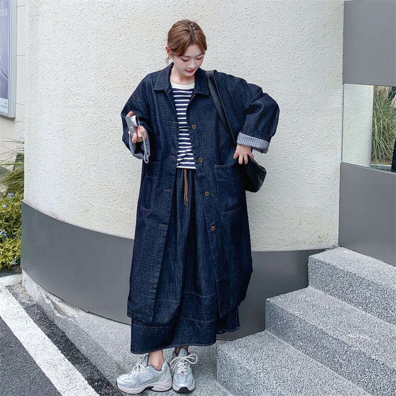高级感单排扣设计感牛仔外套半身裙两件套女韩系气质时髦长款风衣,女装套装/套裙,2C112