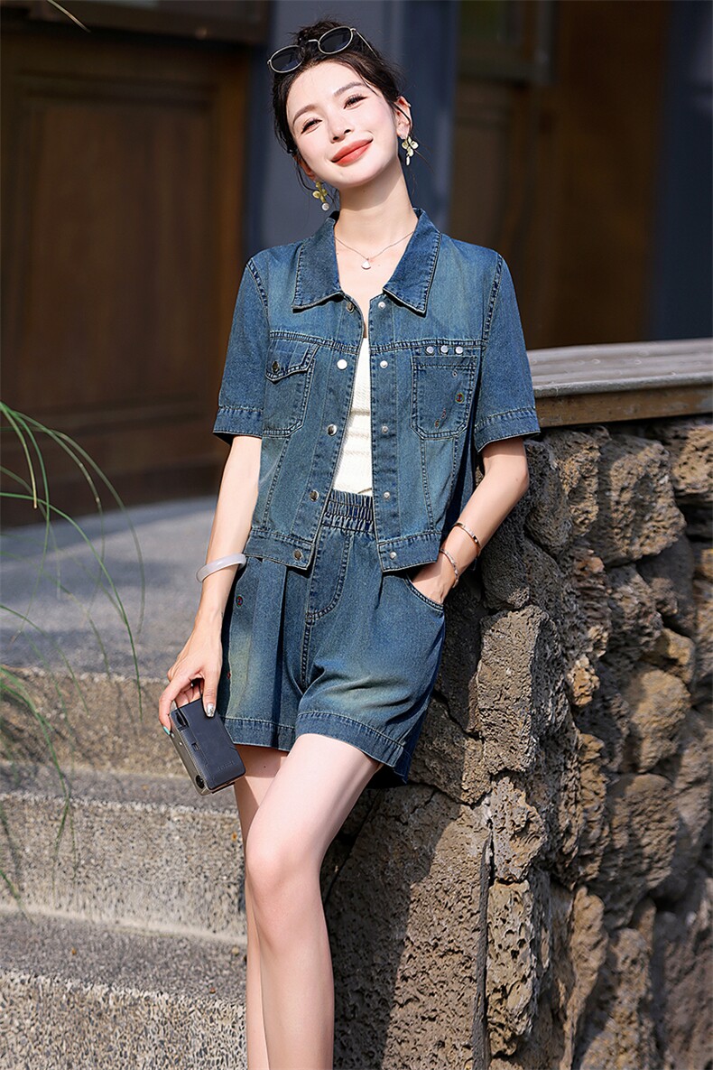 时尚牛仔阔腿短裤套装女夏2025新款洋气减龄复古牛仔小个子两件套,女装套装/套裙,意芙