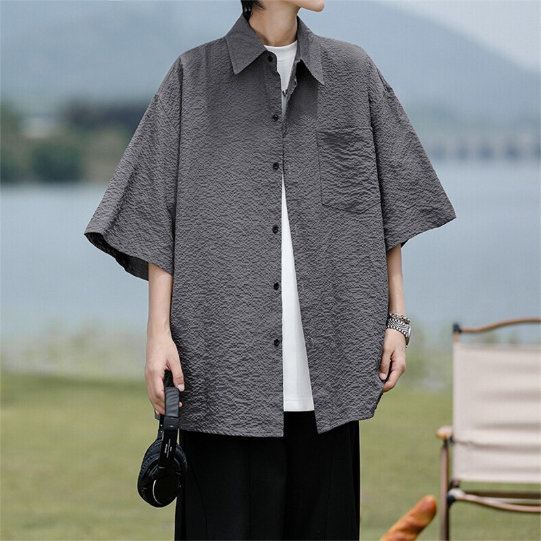 8XL-M泡泡纱盐缩肌理短袖衬衫男夏季冰丝外套防晒衬衣DC28011P36，男装衬衫，电商B312