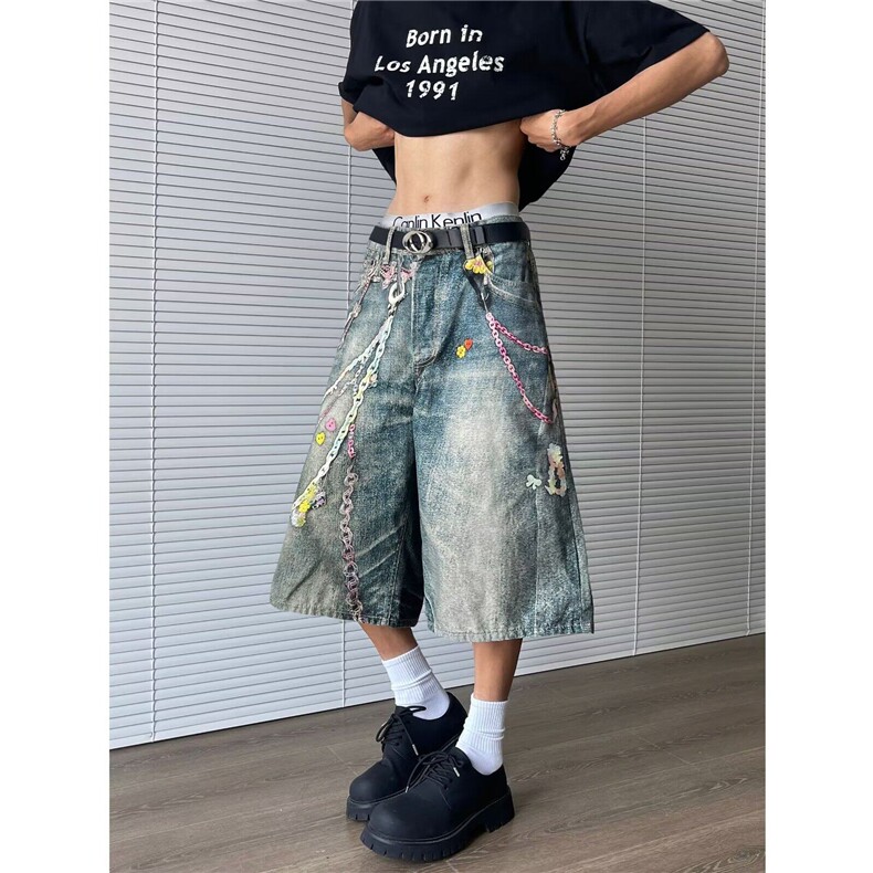 美式复古链条印花牛仔裤子美2025辣妹hiphop嘻哈拖地裤RK2836-P55,男装牛仔裤,星座412-3