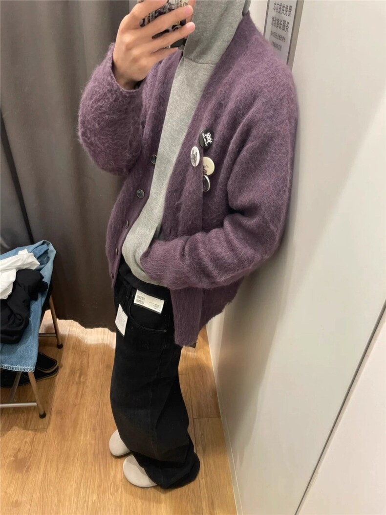 GC0893-P62紫色水貂毛开衫毛衣男秋冬高级痞帅宽松情侣针织衫外套,男装针织衫/毛衣,电商C233