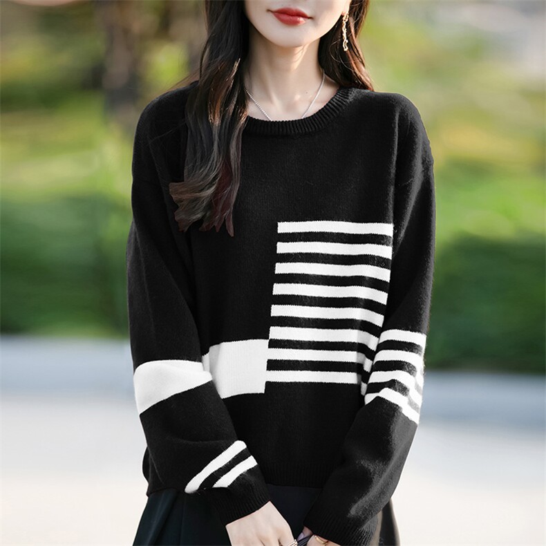 几何条纹针织衫拼色毛衣女2025新款加厚保暖宽松内搭打底毛衫上衣,针织衫/毛衣,佳绒包芯纱店