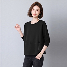 2025年秋季秋季套头长袖拼贴单件常规宽松型休闲假口袋上衣，女装大码女装，秋牧寒烟