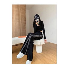 AK2345-P40冰丝黑色阔腿裤垂感撞色拼接薄款高腰直筒裤休闲裤子，女装休闲裤，星座617A-2