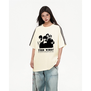 抖音得物高品质二开240克宽松纯棉美式潮牌三条杠织带短袖T恤图片
