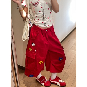 B3063#S-2XL(原版水洗纯棉植绒刺绣高质量七分工装裤)P45红色白色图片