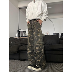 K843-特P58秋冬男女同款迷彩工装裤复古水洗宽松直筒拖地裤，男装工装外套，电商B327