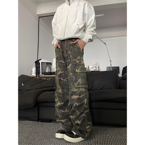 K843-特P58 秋冬男女同款迷彩工装裤复古水洗宽松直筒拖地裤图片