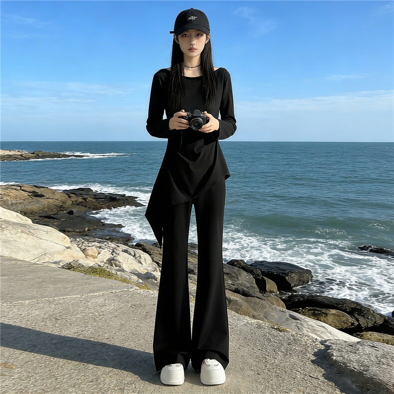 设计感时尚休闲套装女春款修身显瘦不规则长袖上衣微喇长裤两件套,女装套装/套裙,江南