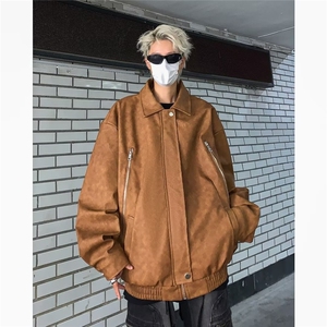 美式潮牌重磅棕色机车外套复古oversize设计感小众男夹克 J8226图片