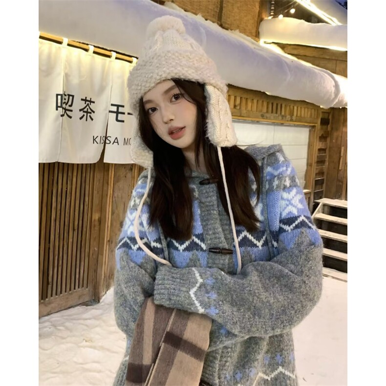 2025复古费尔岛提花毛衣开衫女翻领牛角扣外套设计感针织上衣,男装针织衫/毛衣,星座506A