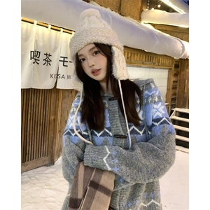 2025复古费尔岛提花毛衣开衫女翻领牛角扣外套设计感针织上衣图片