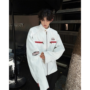 美式高街皮衣外套男女春秋季痞帅撞色机车服立领夹克J85588-p68图片