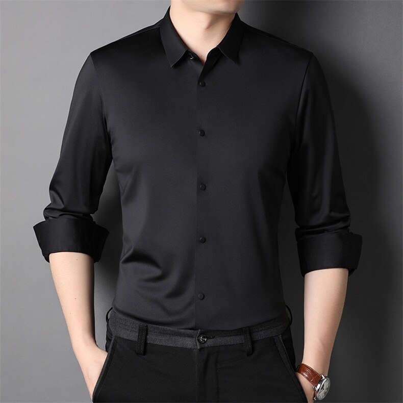 秋季中年纯色冰丝衬衫男士长袖爸爸商务休闲正装春秋薄款免烫衬衣，男装衬衫，电商B212（原钱塘6029）