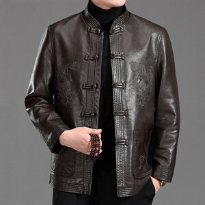MJ-7001秋季男士休闲立领皮夹克中老年爸爸装唐装PU皮外套P110,男装皮衣,电商B360