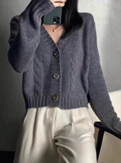 V领单排扣纯色长袖通勤2024年秋季针织衫，女装羊毛衫，百纯羊绒