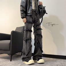 拼接破坏毛边牛仔裤男高街拖地裤中腰春秋，男装牛仔裤，星座410-6（原星座1304-1）