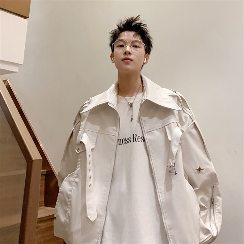 美式复古高街白色皮衣外套男春秋款潮牌小众高级感短款机车服夹克,男装夹克,星座410-7