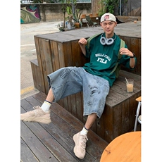 夏季美式复古涂鸦七分牛仔裤街头潮流高腰阔腿短裤NK992，男装牛仔裤，星座1116A（原606A-3）