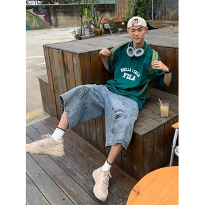 夏季美式复古涂鸦七分牛仔裤街头潮流高腰阔腿短裤 NK992图片