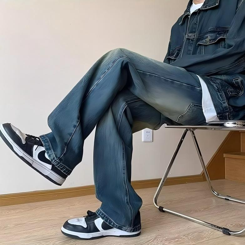 1506-1/KJG091高品质/P46美式复古蓝微喇牛仔裤男女百搭直筒裤图片
