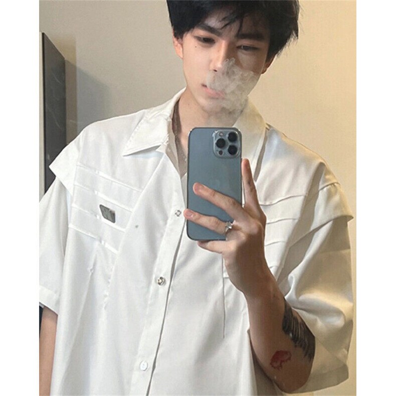 解构压褶短袖衬衫男款金属廓形翻领衬衣美式潮牌上衣外套CT261,男装T恤,星座1116A（原606A-3）