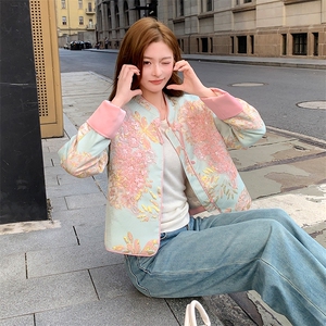 现货！2706A新中式蕾丝拼接短款提花羽绒外套女图片