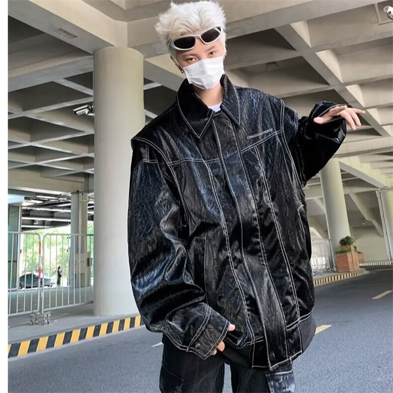 春秋韩系夜店风PU皮夹克男高街时尚廓形皮衣外套男士潮W190/P98,男装夹克,星座506
