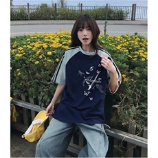 抖音得物品质二开240克宽松纯棉美式潮牌插肩三杠织带短袖T恤，男装T恤，电商A486