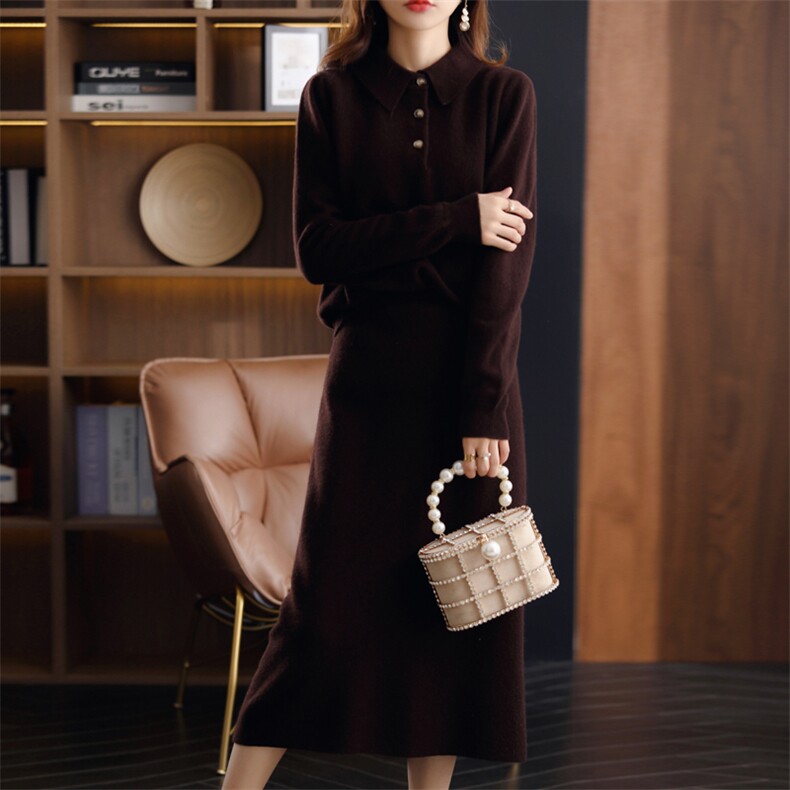 秋冬新款简约优雅修身显瘦安迪绒加厚套装女长袖针织连衣裙气质，女装套装/套裙，君贝羊绒