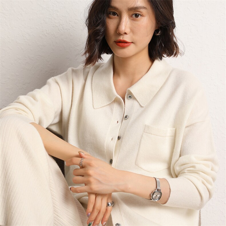 山羊绒开衫女POLO领宽松针织衫毛衣外套2024年秋季,女装羊绒衫,五色羊羊绒