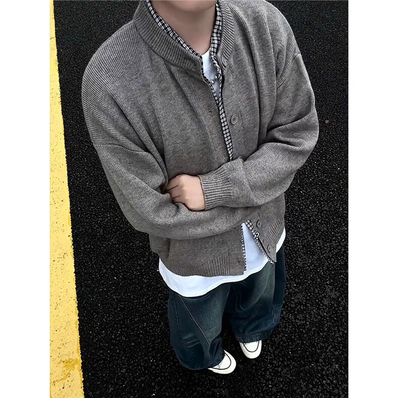 灰色假两件开衫毛衣外套男秋冬cleanfit美式慵懒松弛感纽扣针织衫,男装针织衫/毛衣,星座506A